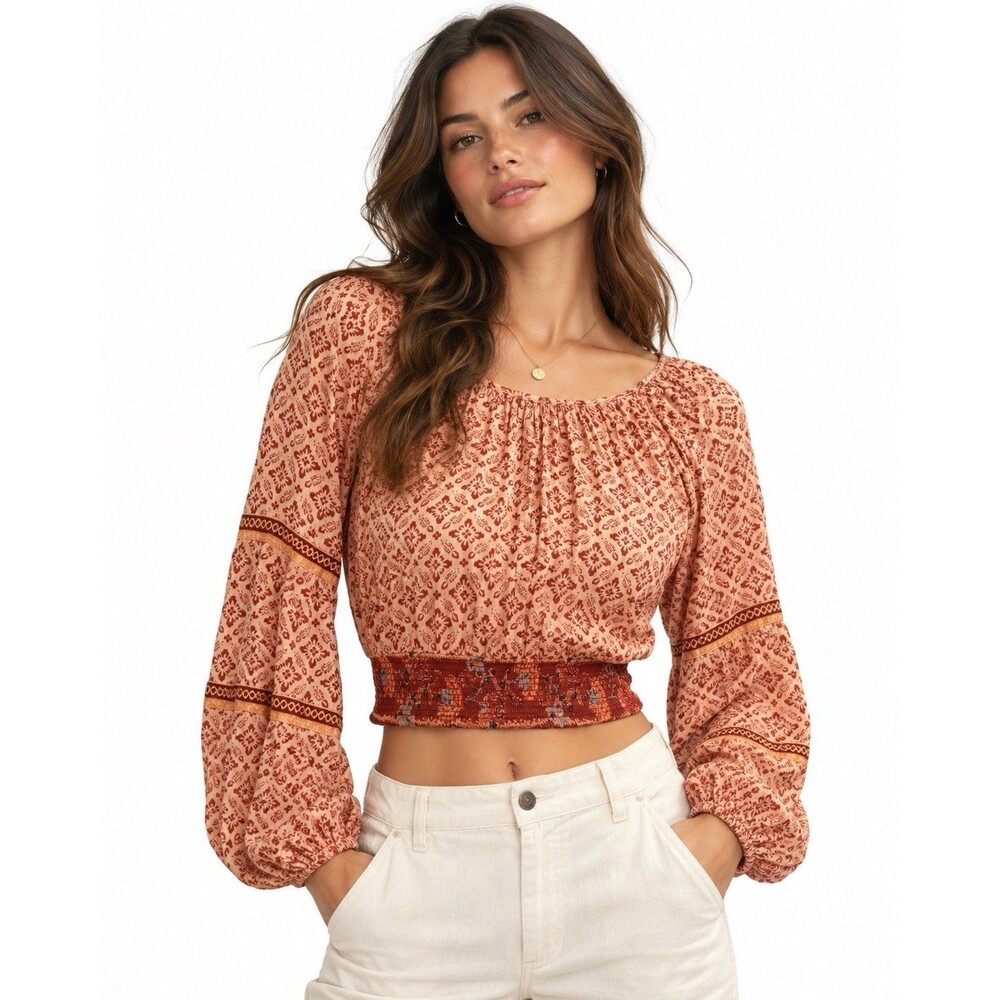 Patrons of Peace Rust Floral Smocked Waist Long Sleeve Boho Crop Top M